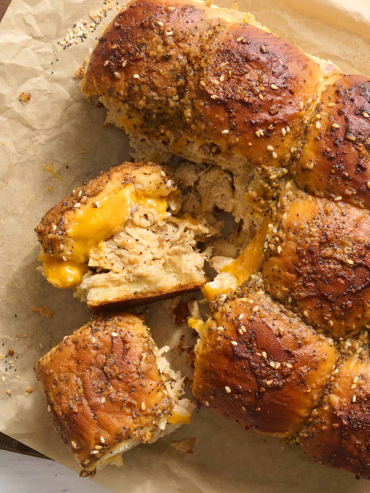 Overhead view of chicken sliders.