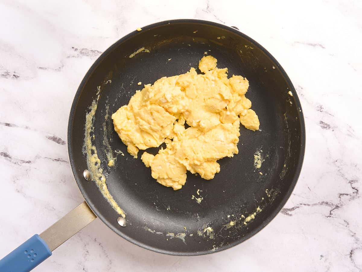 Finished cottage cheese eggs in a skillet.