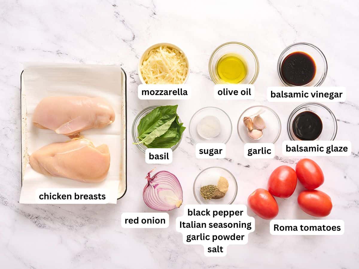 The ingredients to make Bruschetta Chicken with labels.