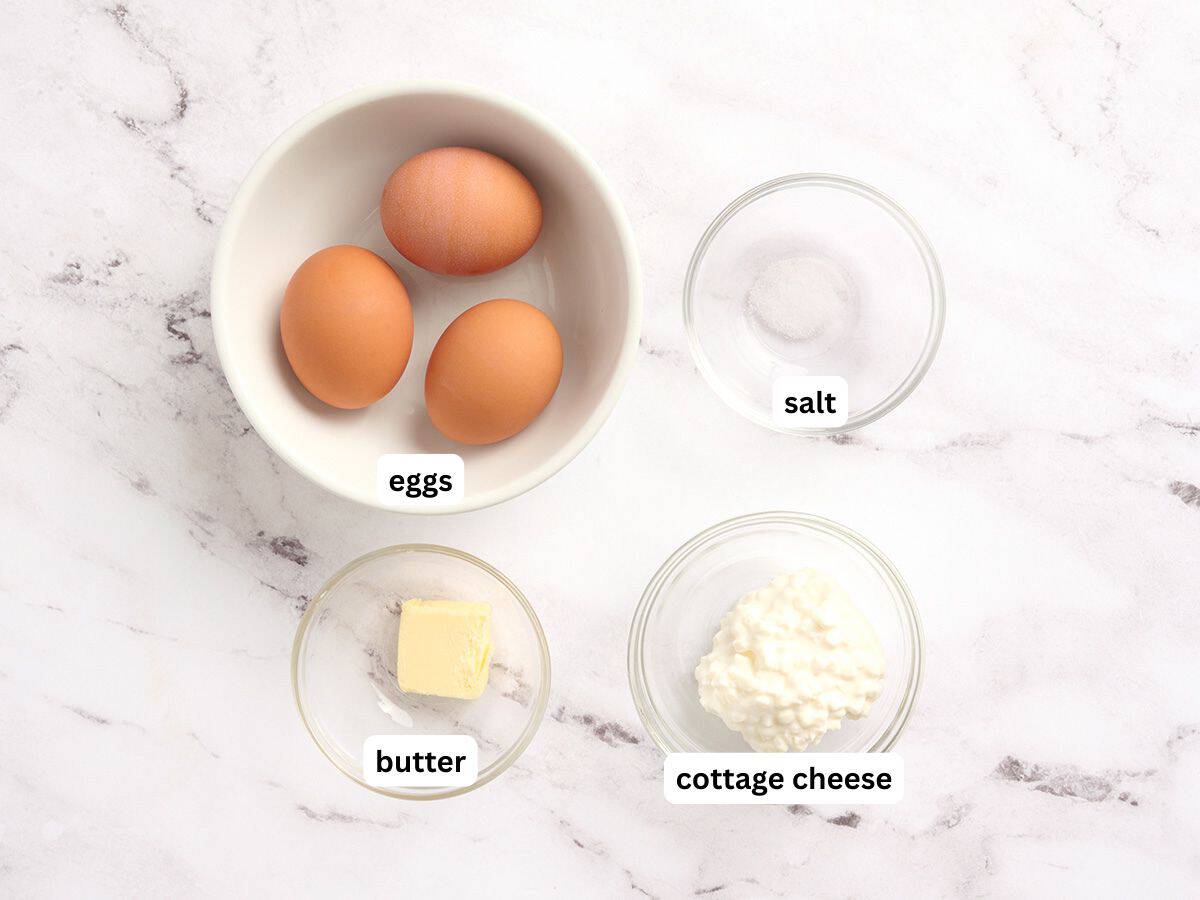 The ingredients to make cottage cheese eggs with labels.
